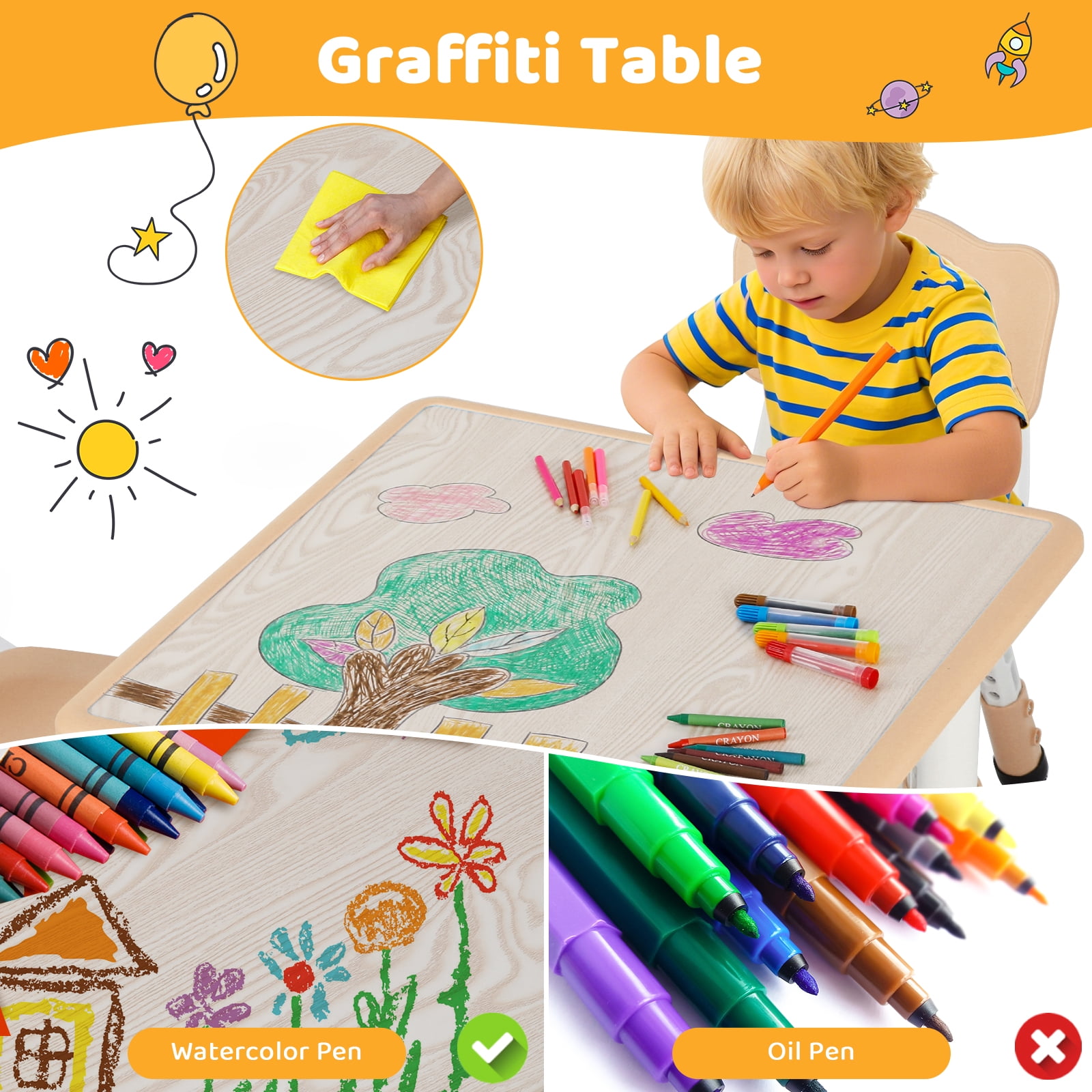 Arlopu Kids Table and 2 Chairs Set with Graffiti Desktop, Height Adjustable Toddlers Table and Chairs Set, Kids Activity Table for Home/Nursery/Daycare/Classroom