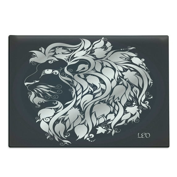 Zodiac Cutting Board, Head Shape of Astrological Leo Portrait Swirling Flower Branches Image Print, Decorative Tempered Glass Cutting and Serving Board, Large Size, Blue Grey, by Ambesonne