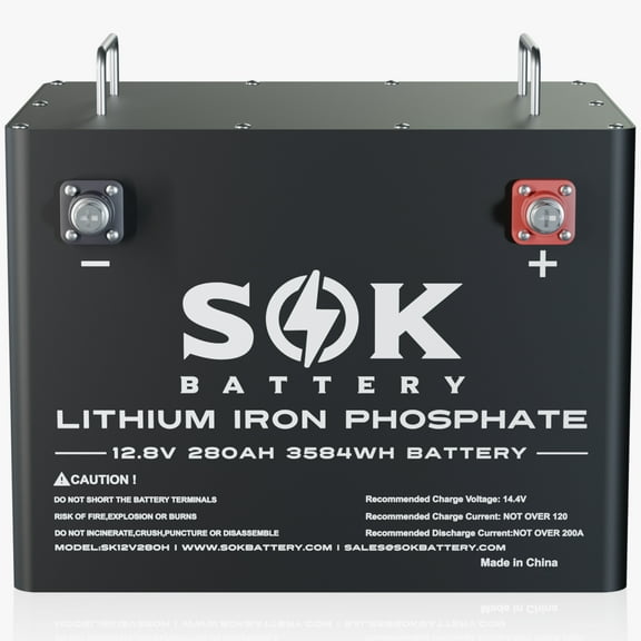 SOK Bluetooth 12V 280AH Lifepo4 Battery 12Volt Lithium Battery. Built-in 200A Smart BMS, Support Low Temperature Charging (-4℉/-20℃). for Boat Off-Grid RV Solar Marine Trolling Motor. Aluminum Shell.