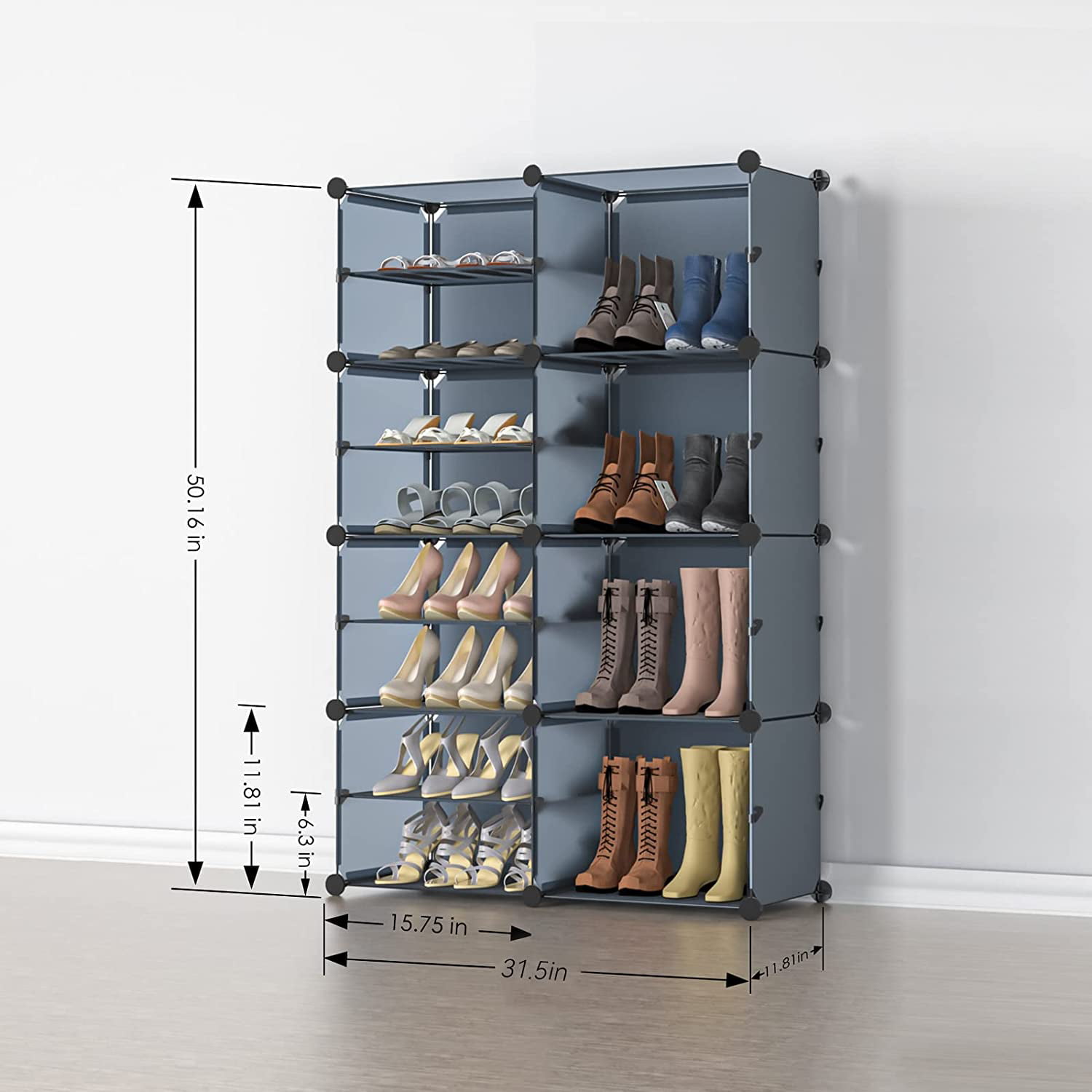 UNZIPE Shoe Rack, 8 Cube 16-Tier Shoe Storage Cabinet 32 Pairs Plastic  Freestanding Shoe Organizer DIY Shoe Shelves for Entryway Hallway Closet or
