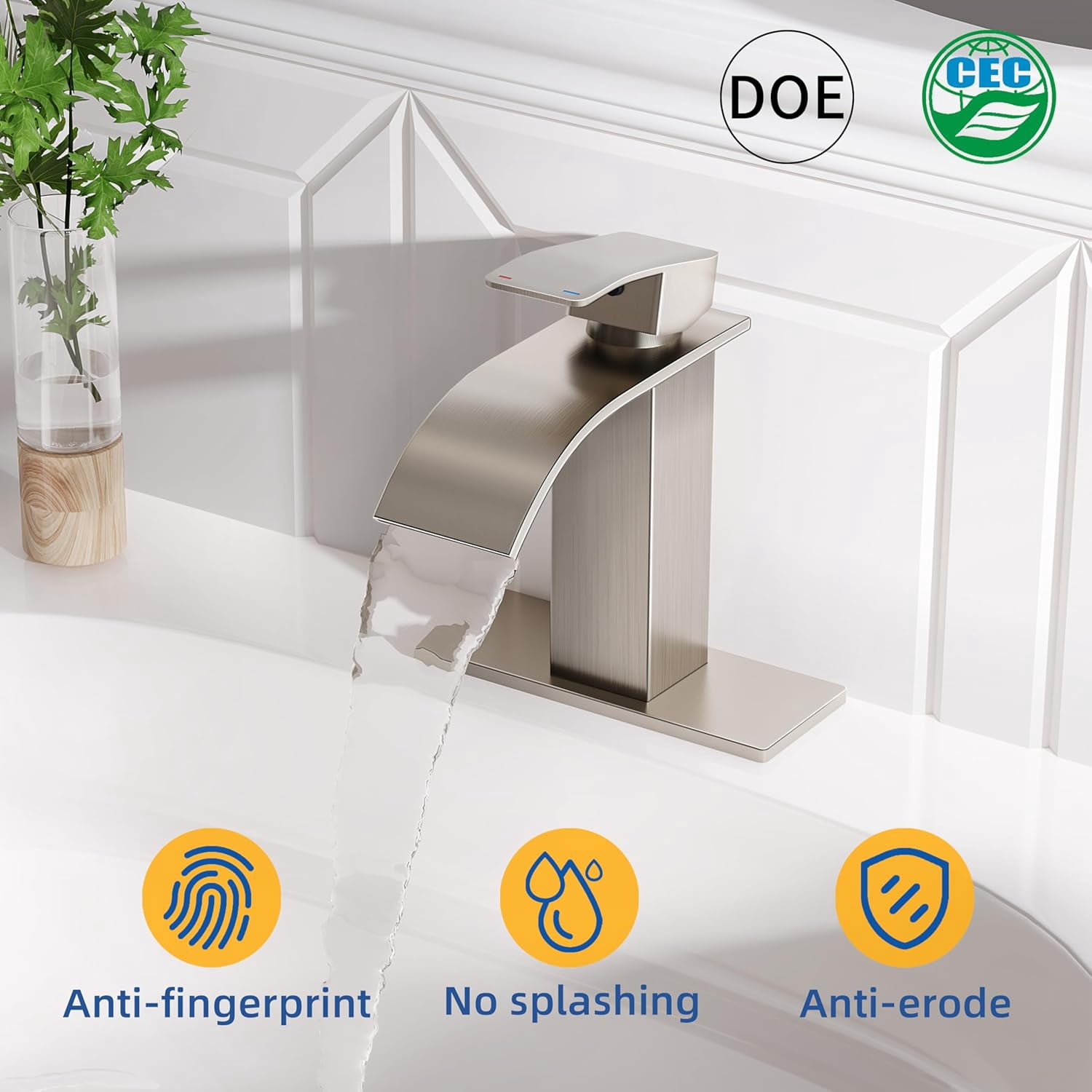 RUACQ Bathroom Faucets, Single Handle Bathroom Sink Waterfall Faucets for 1or 3 Hole, Stainless Steel Washbasin Mixer Tap with Deck, Pop-Up Drain and Supply Hoses (Short, Brushed Nickel)