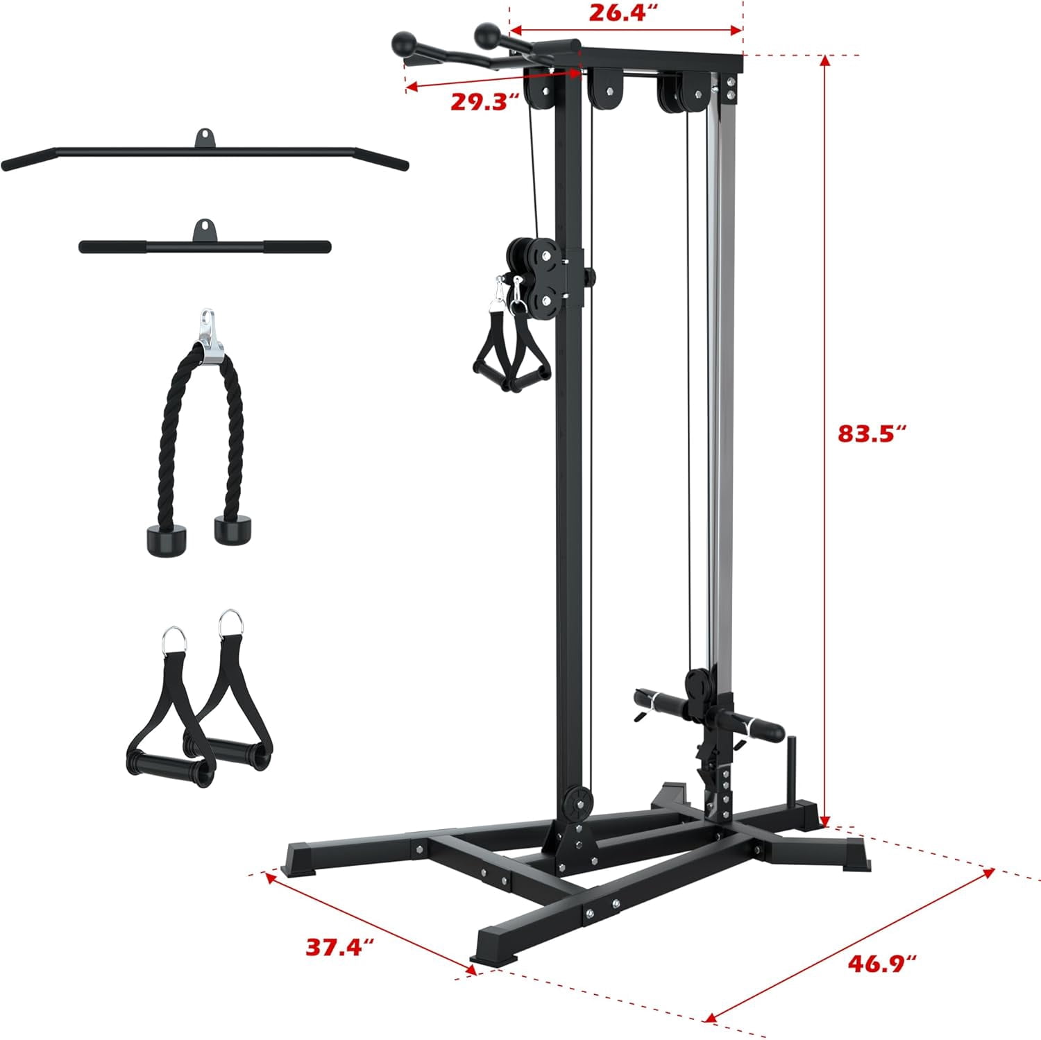 Reliancer LAT Pull Down and Low Row Cable Machine - 16 Height Adjustable Pulley System for Full Body Workout, Maximum Weight Capacity 400lbs, Perfect for Home Gym, Includes Additional Handle