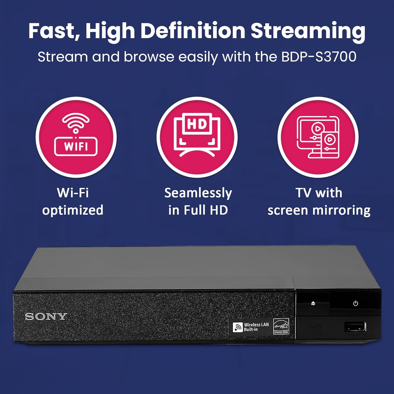 Sony BDP-S3700 Blu-Ray Disc Player + with High-Speed Cable Tube Lens NeeGo HDMI You + Cleaner - Control W/Ethernet Remote Wi-Fi Built-in Netflix, NeeGo