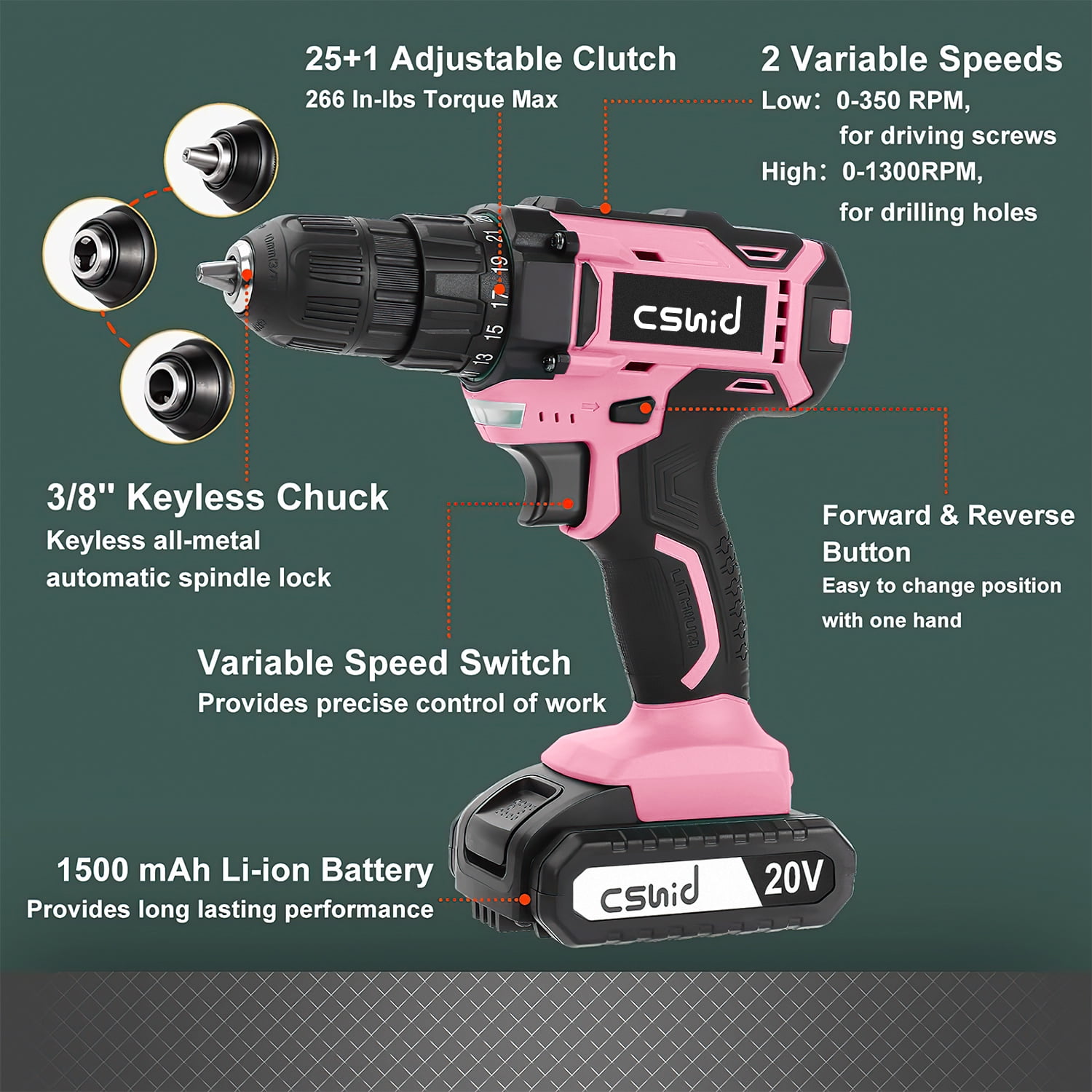 Cshidworld 20V Cordless Power Drill Set, Drill Kit with 1 Lithium-Ion & Charger, 3/8" Keyless Chuck, Electric Drill W/ 2 Variable Speed & LED Light, 25+1 Position and 34pcs Drill/Driver Bits(Pink)