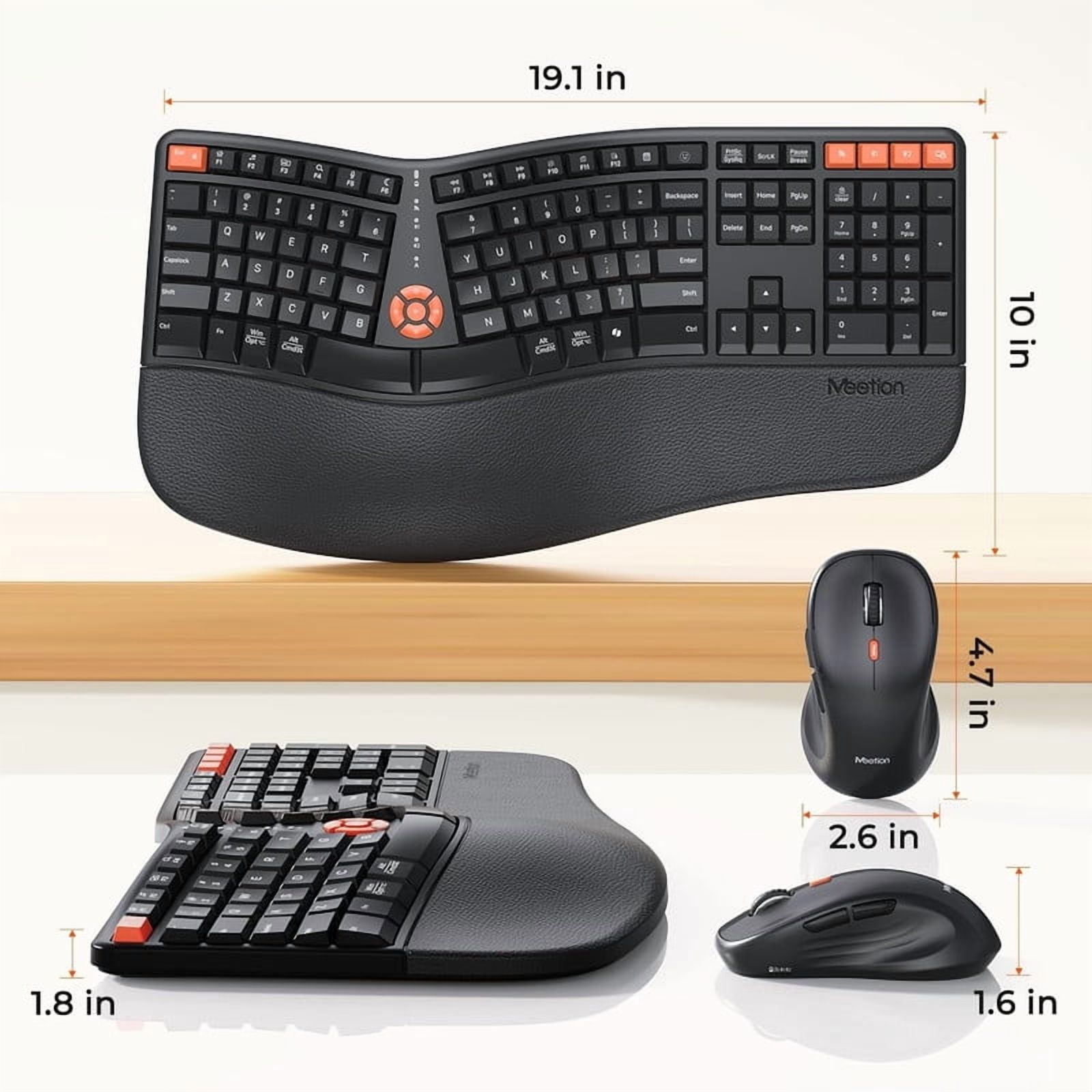 MEETION Ergonomic Keyboard and Mouse, 2.4G Wireless/Bluetooth Split Keyboard with Cushioned Palm Rest, 4 DPI Adjustable Mouse, Full Size Multi-Device Keyboard for Windows/Mac/PC/Laptop, Black