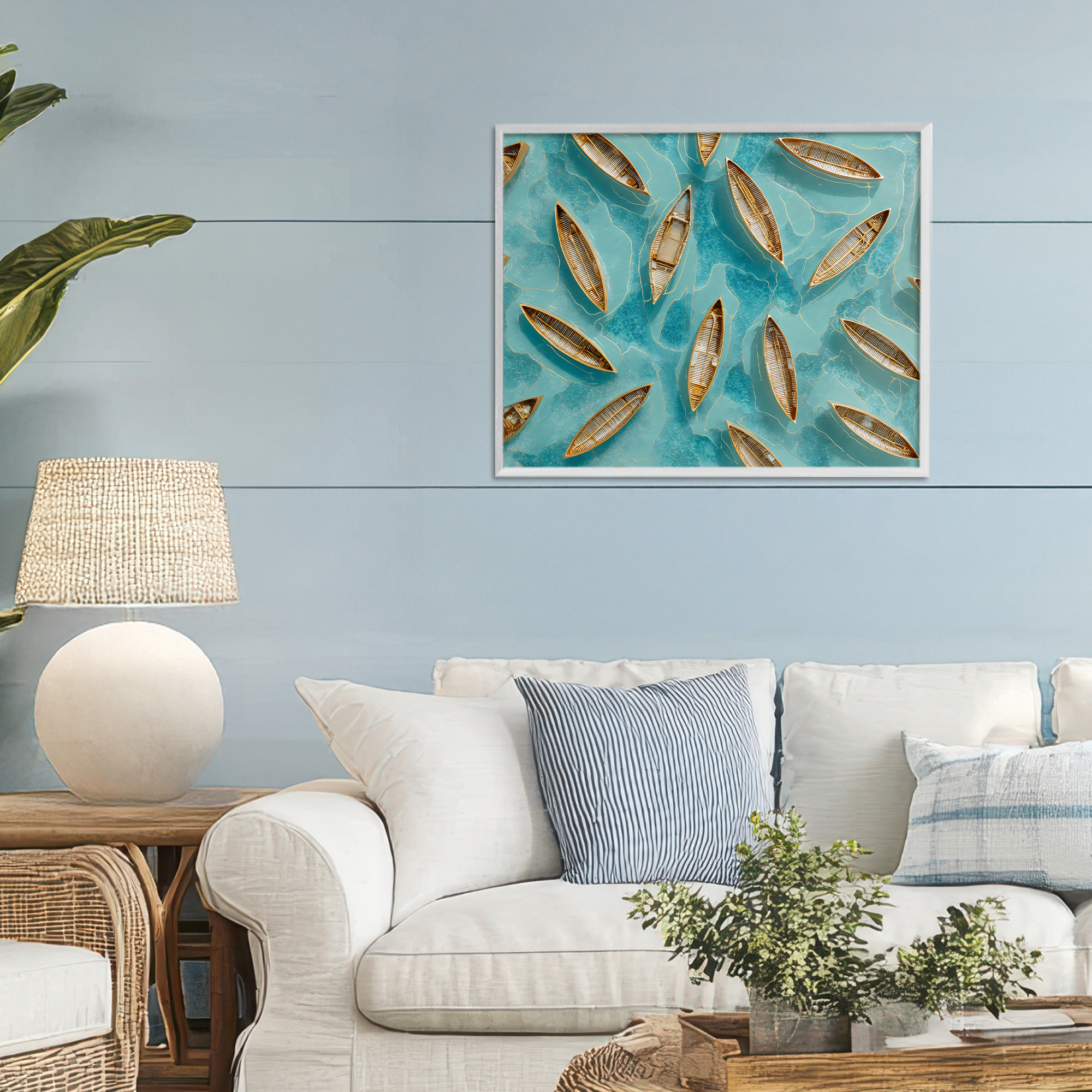 Harmonious Canoes on Water White Framed Giclee Art, design by Franklyn Gregory