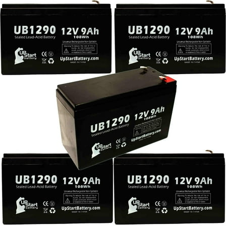 5x Pack - Compatible Teal 1180007 Battery - Replacement UB1290 Universal Sealed Lead Acid Battery (12V, 9Ah, 9000mAh, F1 Terminal, AGM, SLA) - Includes 10 F1 to F2 Terminal Adapters