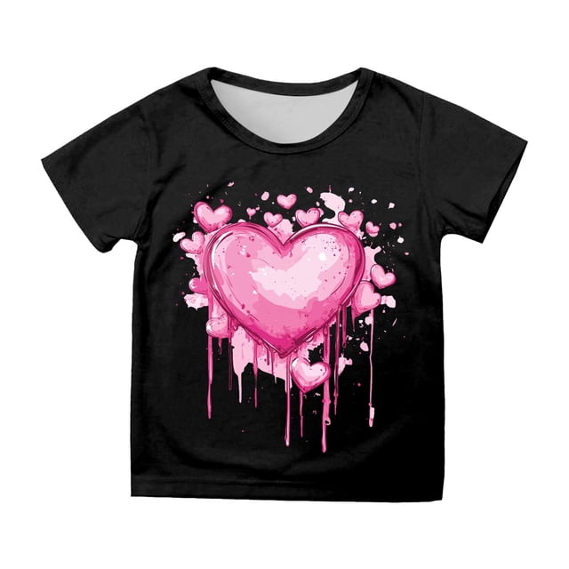 FAOWME T-Shirt à Manches Courtes pour Enfant Imprimé Cœur Col Rond Décontracté Noir 4-5 Ans