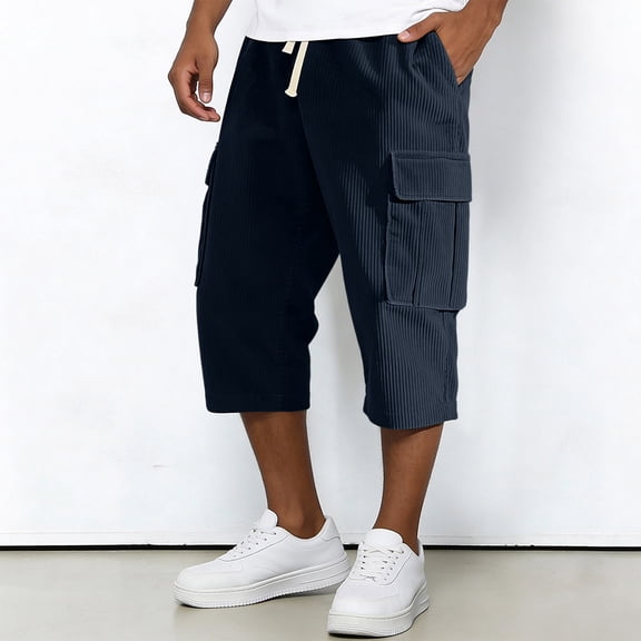 Dwelliawo Corduroy Men's Capri Long Elastic Cargo Shorts Cargo Capri Shorts Below Knee Multi-Pockets 3/4 Pants Lightweight Hiking Elastic Waist Long Pants Navy 2XL