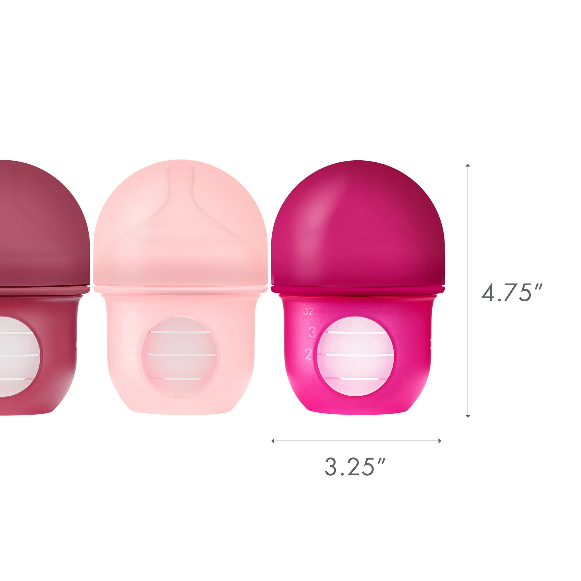 Boon Nursh Reusable Silicone Pouch Baby Bottle, Air-Free Feeding, Pink Multi Pack 4 Oz 3 Pk