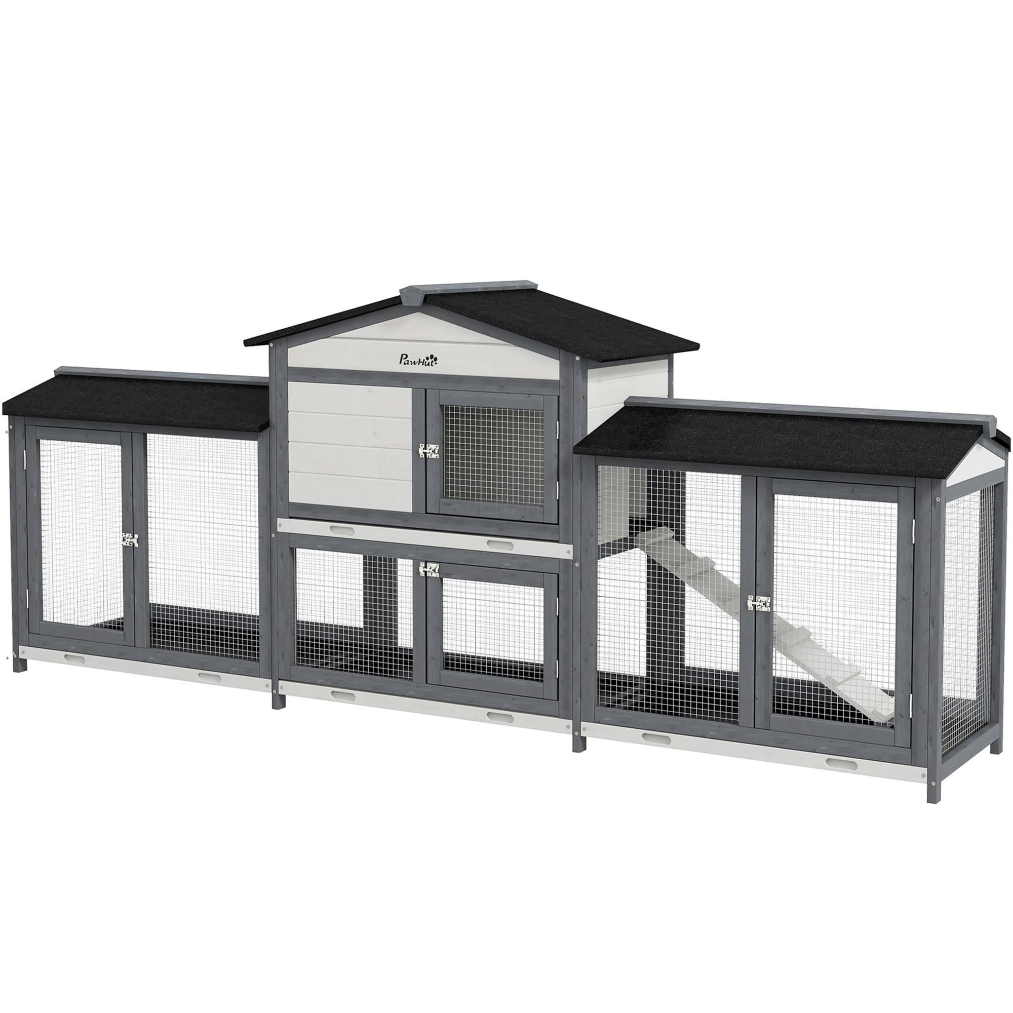 JERFIT 90.5 Inch Large Outdoor Rabbit Hutch with 2 Run Boxes, Leak-Proof Tray & Ramp, Wooden Guinea Pig Cage, Small Animal Playpen Enclosure House, Gray