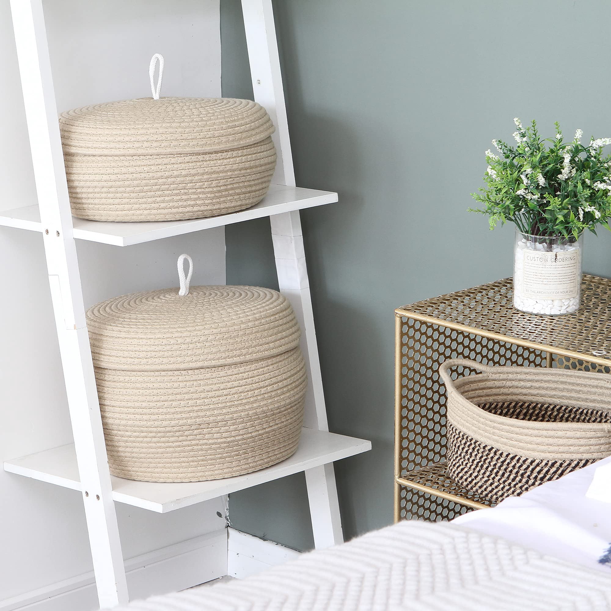 Sea Team Round Cotton Rope Storage Basket with Lid, Decorative Woven Storage Bin, Pot, Caddy, Organizer, Container for Snacks, Towels, Plants, 13 x 5.5 Inches (Large, Shallow, Khaki)