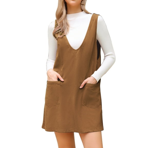 INSPIRE CHIC Women's Dress Fall Winter Suspender Corduroy Deep V Neck Sleeveless Casual Mini Pinafore Dress XS Brown