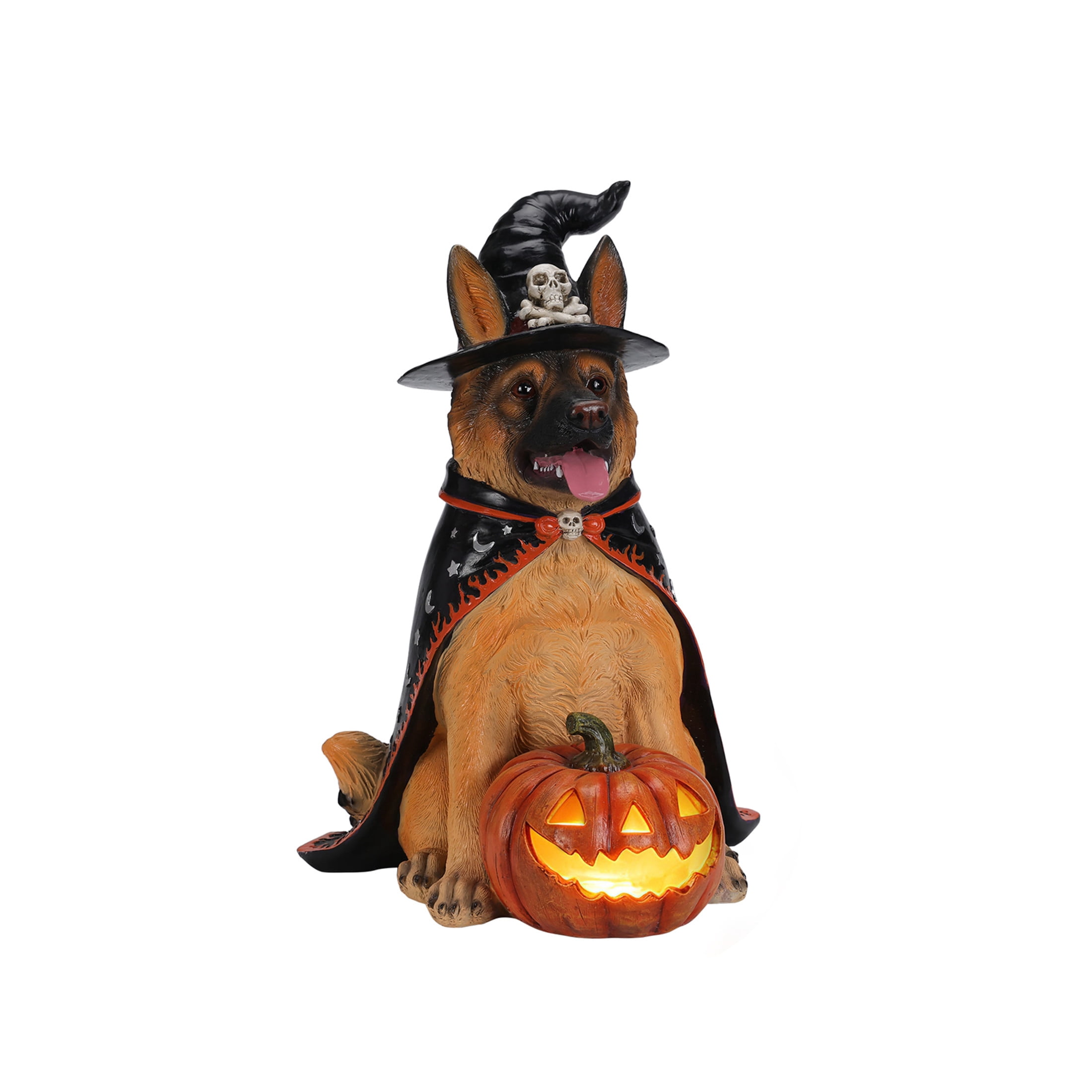 Noble House German Shepherd Witch Puppy Figurine with Pumpkin Lantern, Decorative Statue, Brown