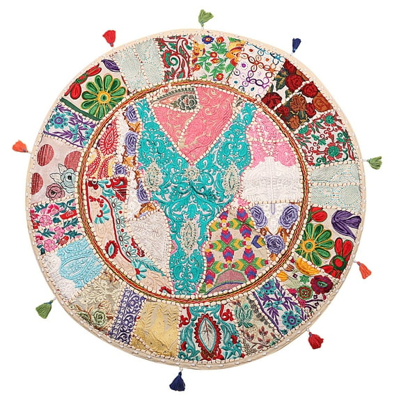 Stylo Culture Ethnic Round Throw Pillows For Couch Vintage Patchwork Floor Cushion Cover White 32x32 Large Decorative Decor Seating Tuffet Seat Pouf Cover Footstool Cotton Embroidered 1 Pc