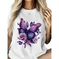 thumbnail image 3 of Women's T-Shirt Vintage Dreamy Purple Butterfly Wings Rose Short Sleeve Casual Tee Classic Crew Neck T Shirt for Women White, M, 3 of 7