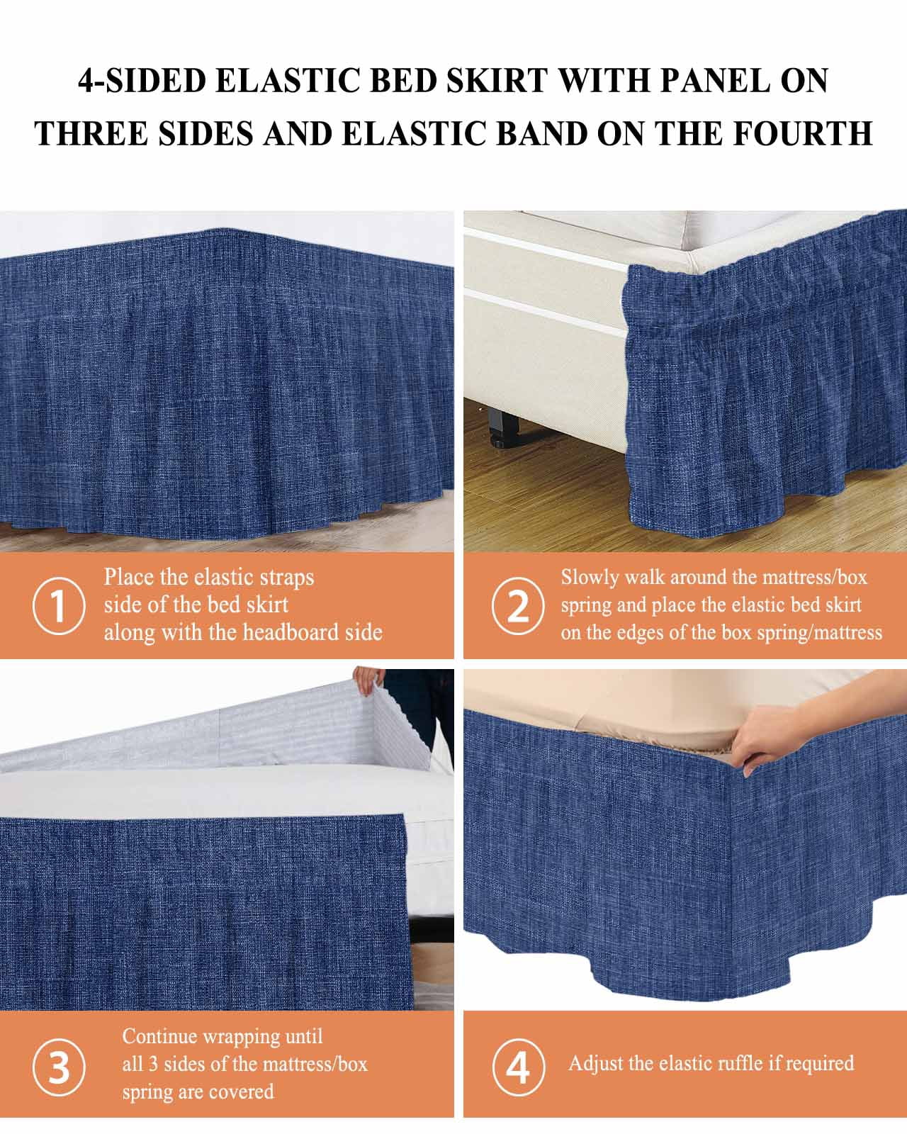 Navy Blue Linen Bed Skirt Queen Size 16 Inch Drop, Farmhouse Pure Color Country Vintage Adjustable Elastic Dust Ruffles Bedskirt for Queen Bed Wrap Around Pleated Mattress Frame Cover