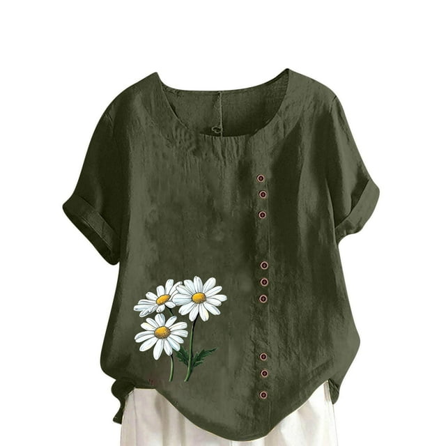 Vestidos Casuales Para Mujer, Blusas De Mujer De Moda Blusa informal de lino con botones y manga corta estampada para mujer
