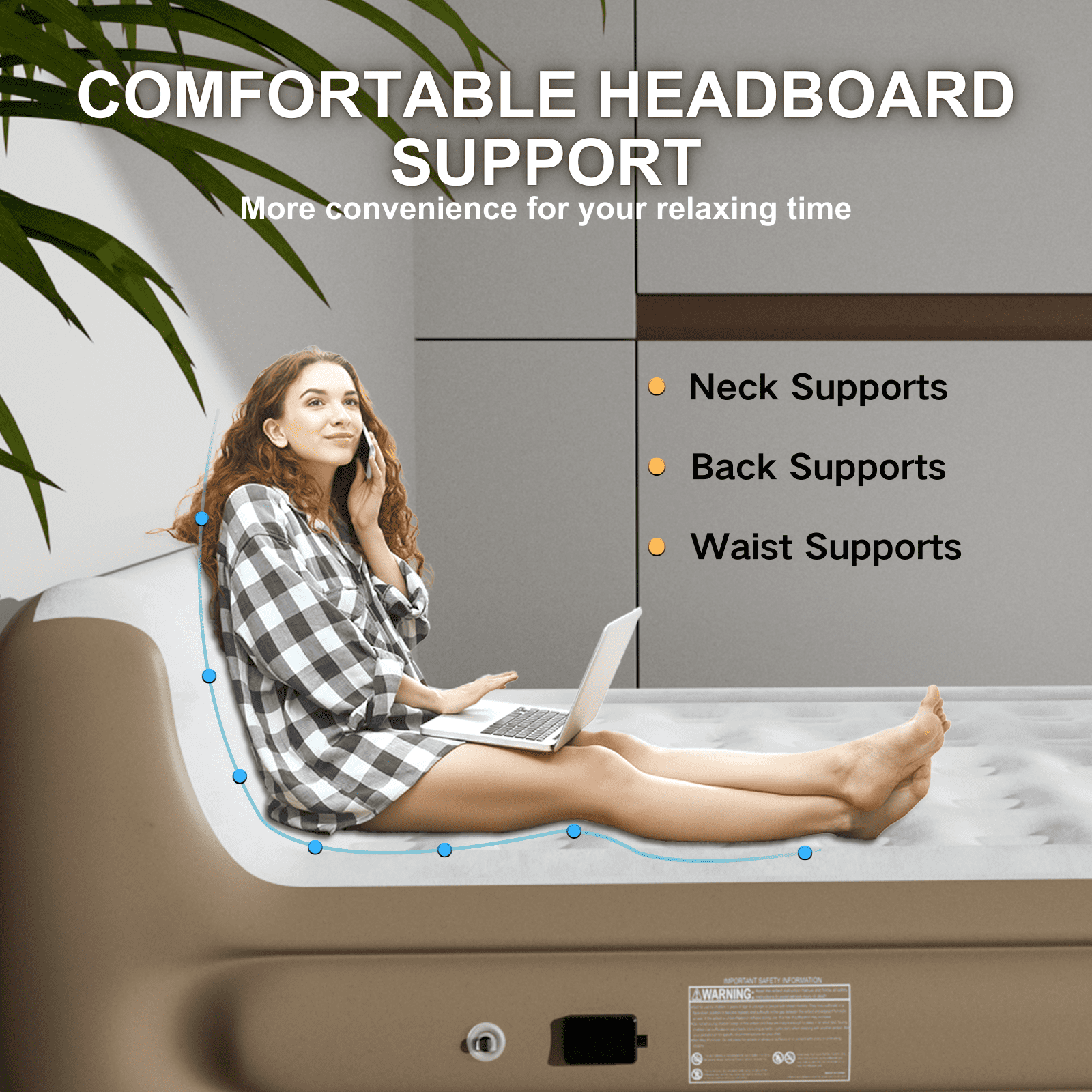 Queen Air Mattress with Headboard,Built in Pump,18”Self Inflating Air Bed for Family Guest Travel Camping,Khaki