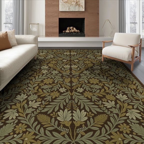 ODIKA 8'x10' Washable Area Rug Dining Under Academia Inspired Leafy Symmetrical Table Alfombras for King Size Bedroom Bed, Master Suite, Non-Shedding, Easy Care