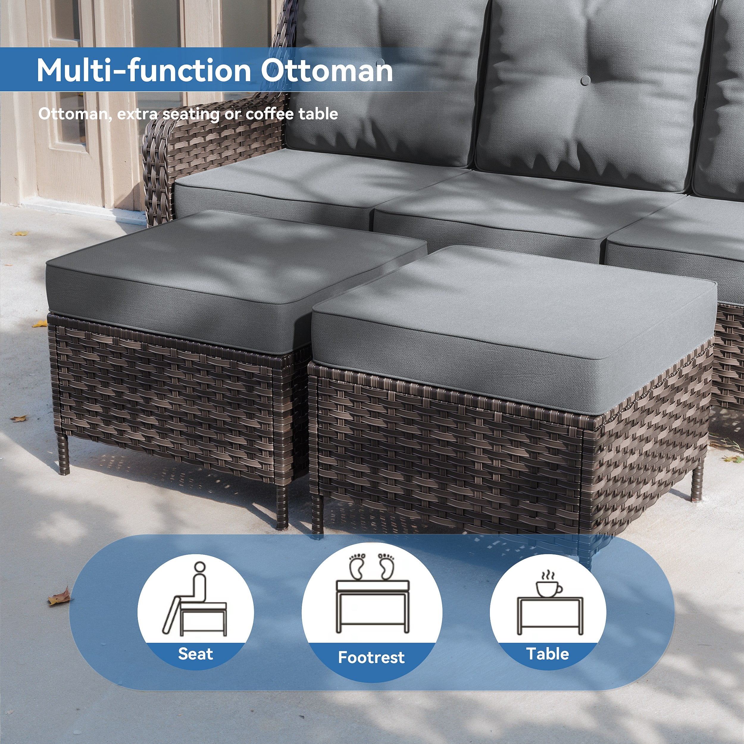 ALAULM 7PCS Rattan Patio Furniture Set, Wicker Outdoor Sofa Set w/2 Swivel Rocking Chairs, 2 coffee tables of different sizes, 2 Ottomans, Gray