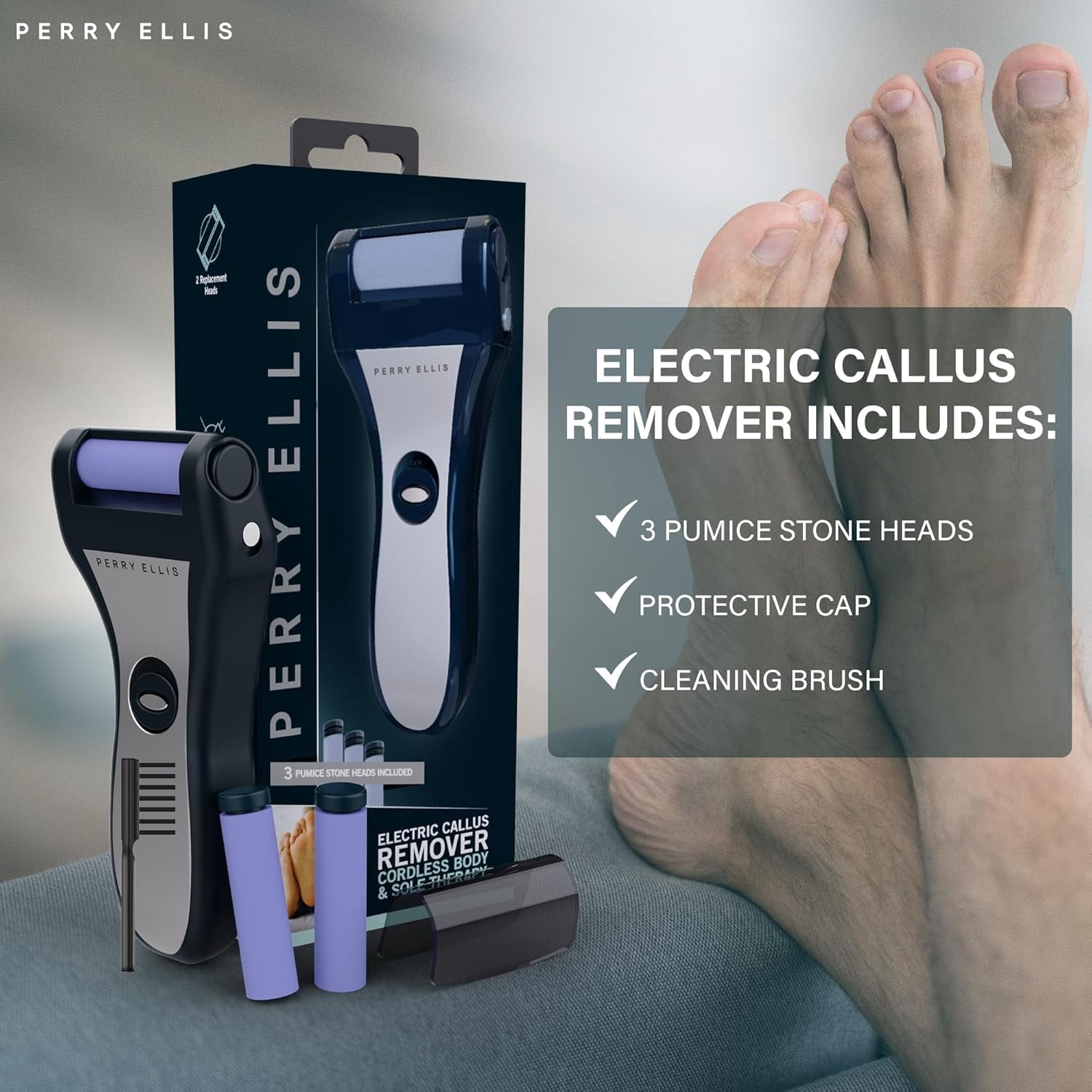 Perry Ellis Electric Callus Remover for Feet, Battery-Operated Foot-File Kit with 3 Pumice-Stone Heads, Cleaning Brush, Protective Cap, and Child-Safety Lock, 2,000 RPM, 2 AA Batteries Required