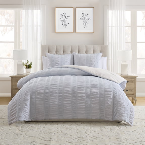 My Texas House Ruched Gingham 3-Piece Blue Adult Comforter Set, Full/Queen