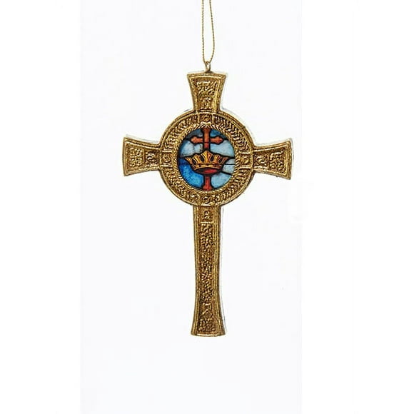 Kurt Adler 4.5" Decorative Gold Round Cross with Faux Stained Glass Hanging Christmas Ornament