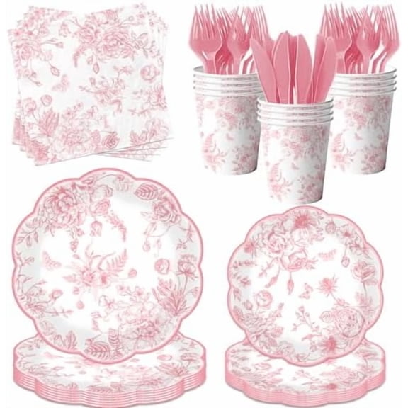 Pink floral Paper Plates, 144Pcs Toile Scalloped Paper Plates and Napkins includes Floral Paper Plate and Flower Napkins, Vintage Pink Floral Plate for Wedding Bridal Tea Party Supplies