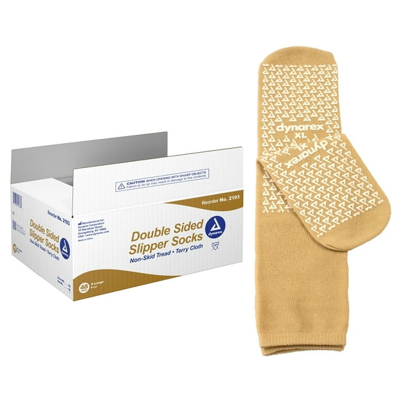 Dynarex Double Sided Non Skid Socks - Non Slip Hospital Socks with Grips for Women & Men - Polyester-Spandex Blend Slipper Socks with Rubber Grippers - Warm, Fuzzy, No Latex - XL, 48 Pairs per Case