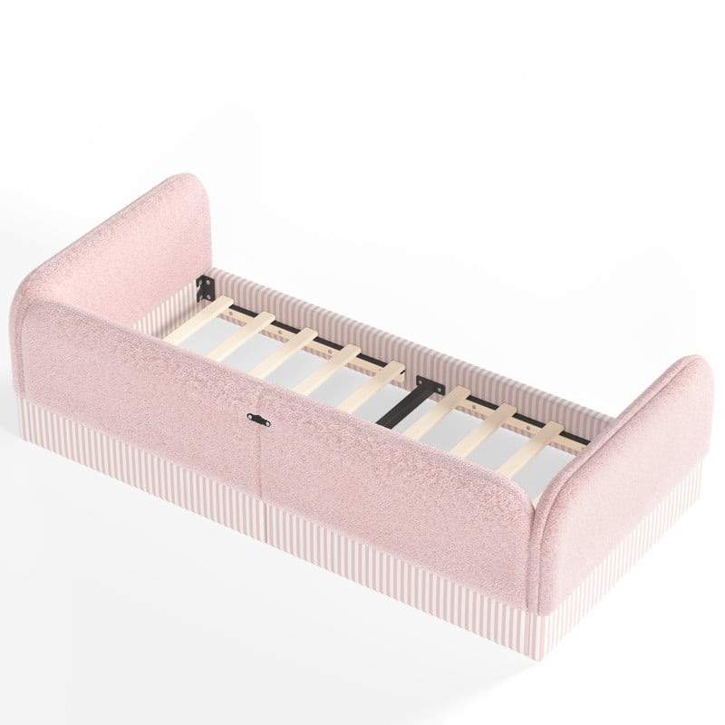 Twin Size Upholstered Floor Daybed Frame for Kids, Half-Enclosed Montessori Platform Bed with 3-Sided Surrounding Guardrails
