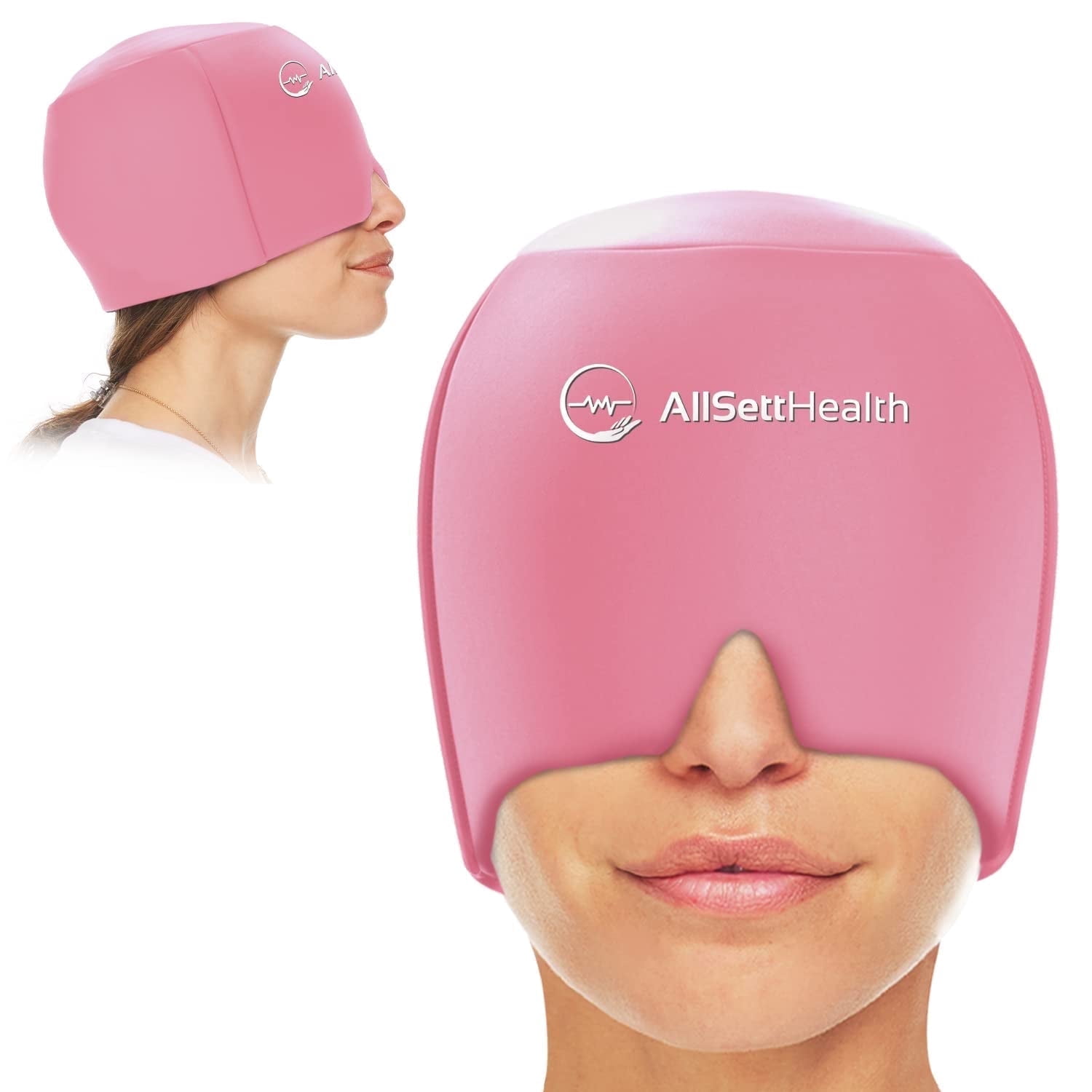 AllSett Health Migraine Cap for Headache Relief, Hot and Cold Gel Head Wrap, One Size Fits Most, Pink