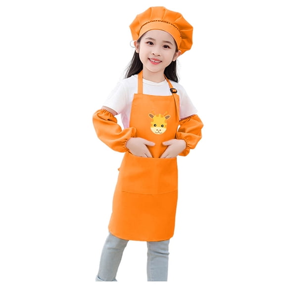 YUEHUA Kids Art Smock, Waterproof Apron with Pocket for Children, Solid Color Apron Sleeve and Hat Three Piece Set for Toddler Painting Aprons Smocks