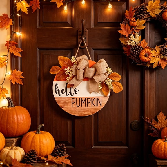 Fall Welcome Sign for Front Door, Hello Pumpkin Wooden Hanging Door Sign with Burlap Bow Maple Leaf, Autumn Harvest Thanksgiving Farmhouse Porch Wall Decor for Home Entryway Front Door Decoration