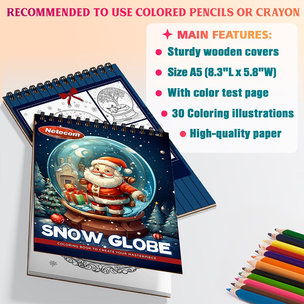 Netecom Snow Globe Coloring Book Spiral Bound for Adults, A5 Wooden Cover, 30 Magical Coloring Pages of Enchanted Winter Scenes for Stress Relief and Relaxation