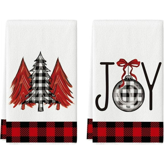 SM-XLHN Black White Buffalo Plaid Xmas Trees Joy Christmas Kitchen Towels Dish Towels, 18x26 Inch Seasonal Winter Decoration Hand Towels Set of 2