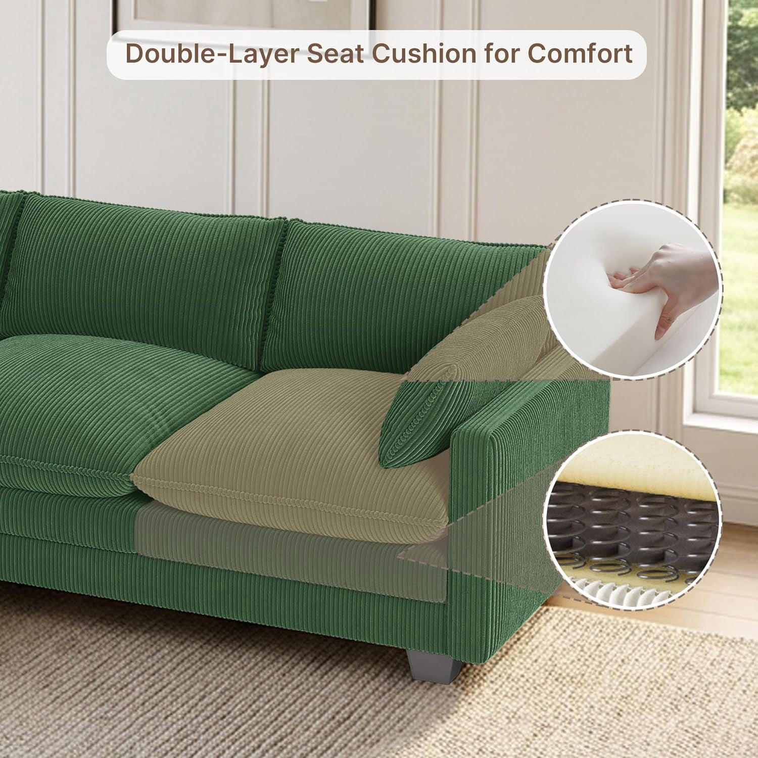 110'' Oversized L Shaped Couch for Living Room, Noelse Cloud Couches with Washable Corduroy Cover, Modern 4-Seater Comfy Deep-Seat Sofa with Movable Otteoman and 2 Throw Pillows, Green, Clearance