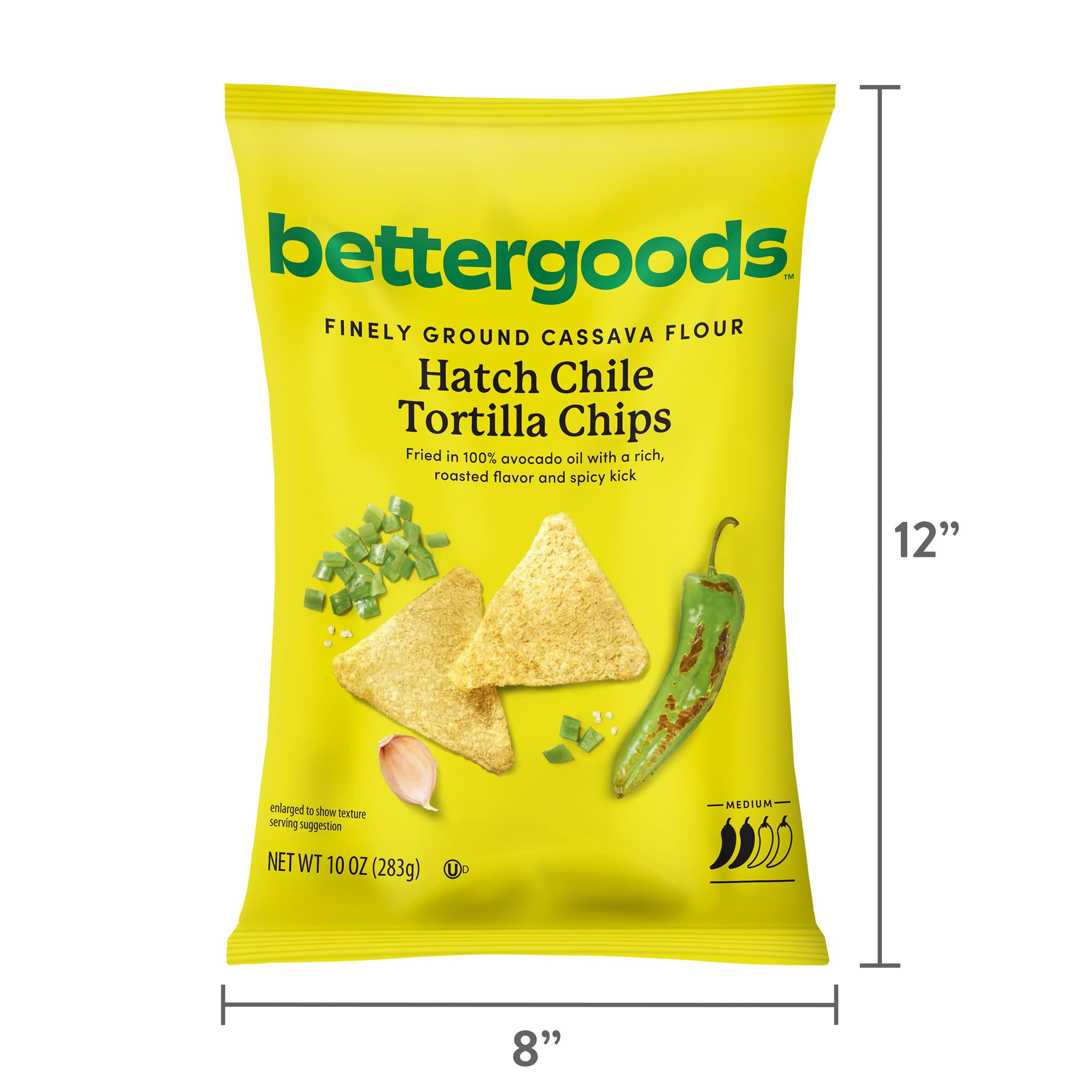 (4 pack) bettergoods Finely Ground Cassava Flour Hatch Chile Tortilla Chips, 10 oz