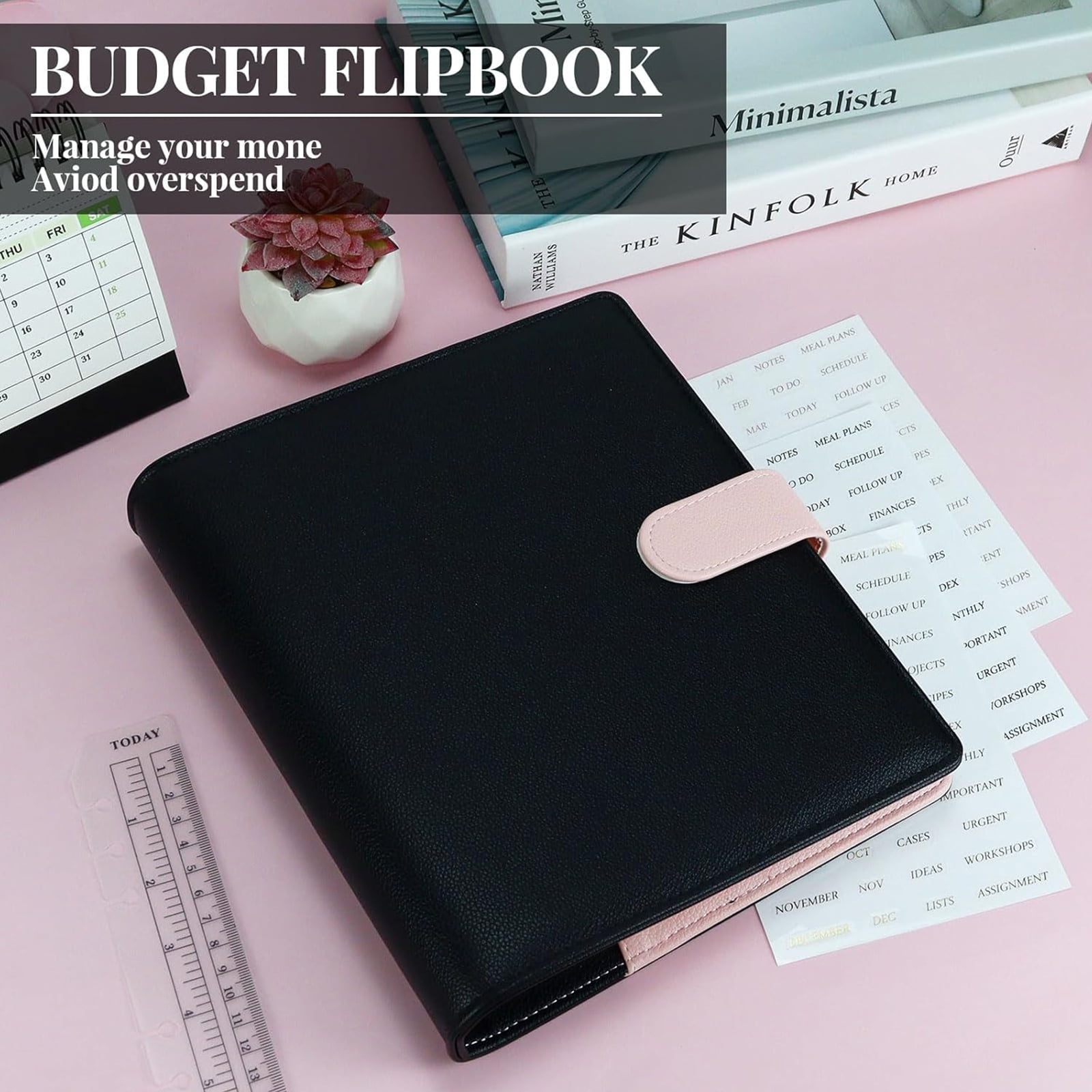 Multibey A5 Leather Binder Cover - Refillable 6-Ring Planner Organizer with Refill Paper, Dividers, Gold Pen & 3 Stickers, Leather Travel Journal Notebook Cover (Black & Pink)