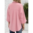 thumbnail image 4 of Mujeres botón abajo camisa cuello en V color puro tres cuartos puff manga botón abajo V cuello camisa para las mujeres, 4 of 6