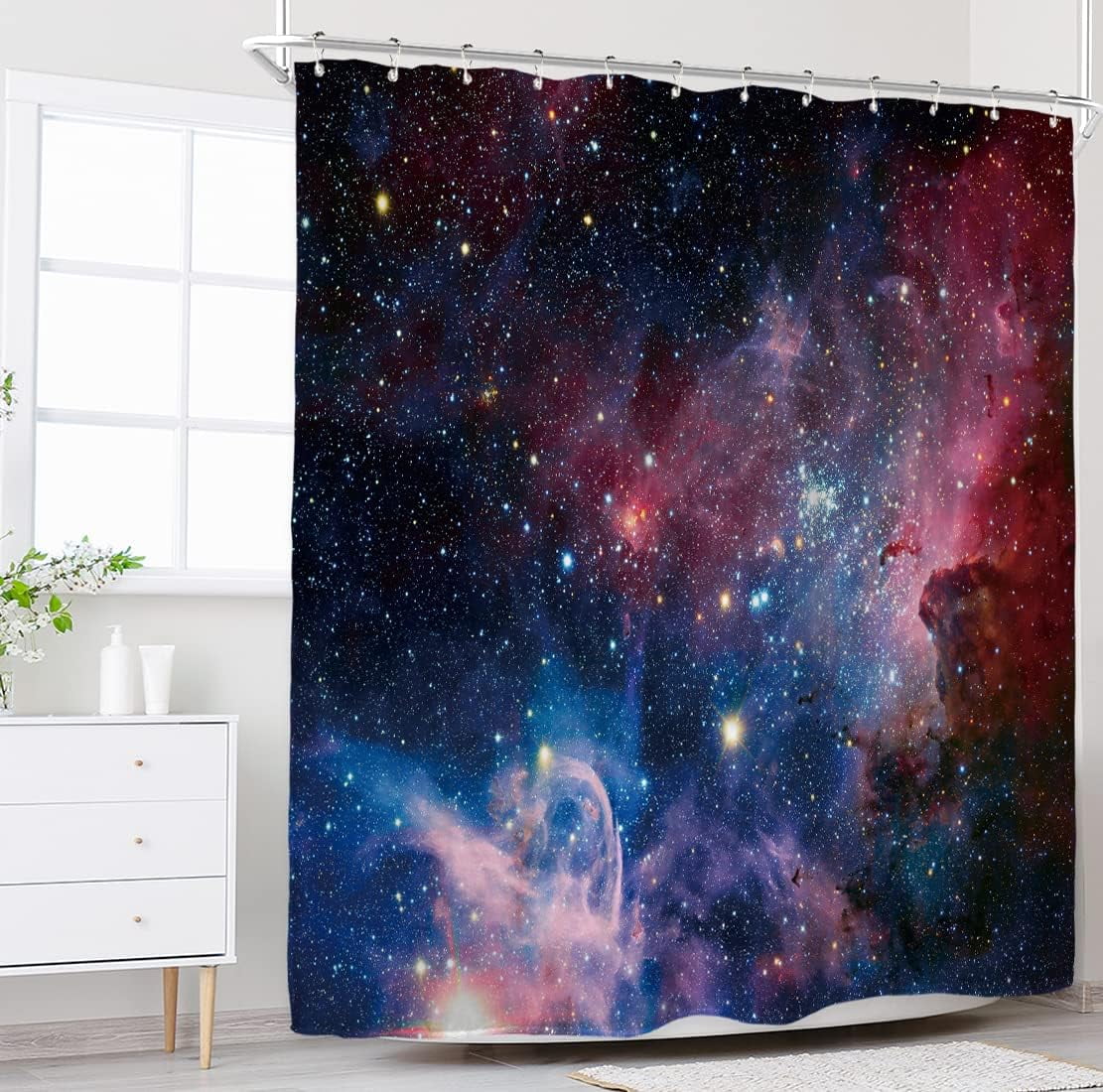 Outer Space Galaxy Stars Shower Curtain 72Wx72H Inch Nebula Universe Planet Purple Sky Starry Decor Fabric Set Polyester Waterproof for Bathroom with Metal Hooks 12 Pack
