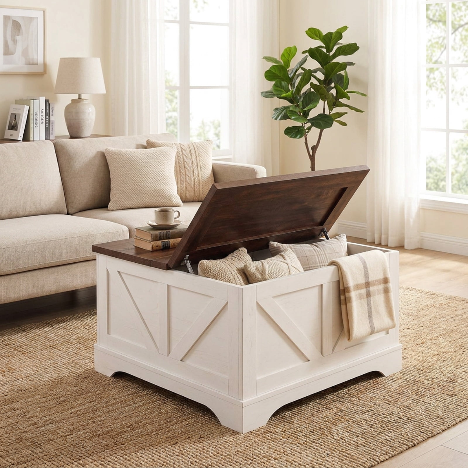 Furnibear 31.5 Inch Square Lift Top Coffee Table with Hidden Compartment and Barn Door Design a Living Room Center Table, Rustic Brown