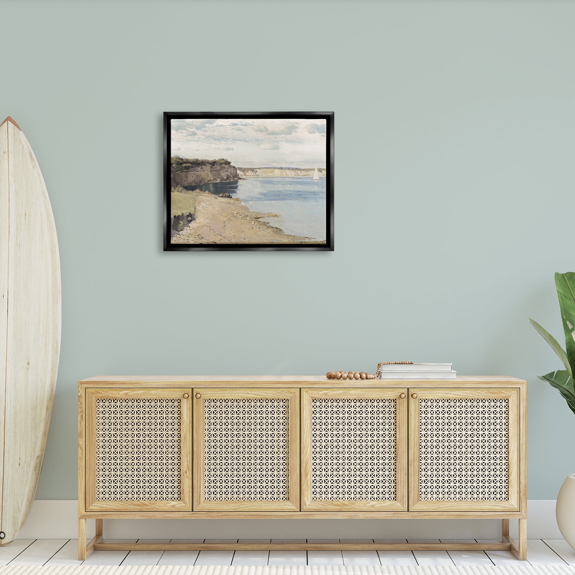 Stupell Industries Still Morning Oceanside Cliffs and a Sailboat Painting Jet Black Framed Floating Canvas Wall Art, 24x30, by Christy McKee