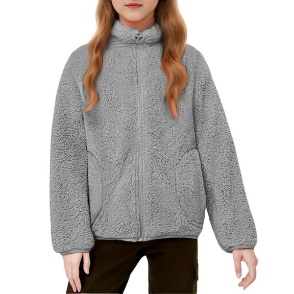 CCRFTGI Girls Jackets Size 10-12 Fleece Sherpa Zip Up Outwear Coat Soft Fall Winter Jacket Teddy Coat Hooded with Pockets Gray 3-4Y