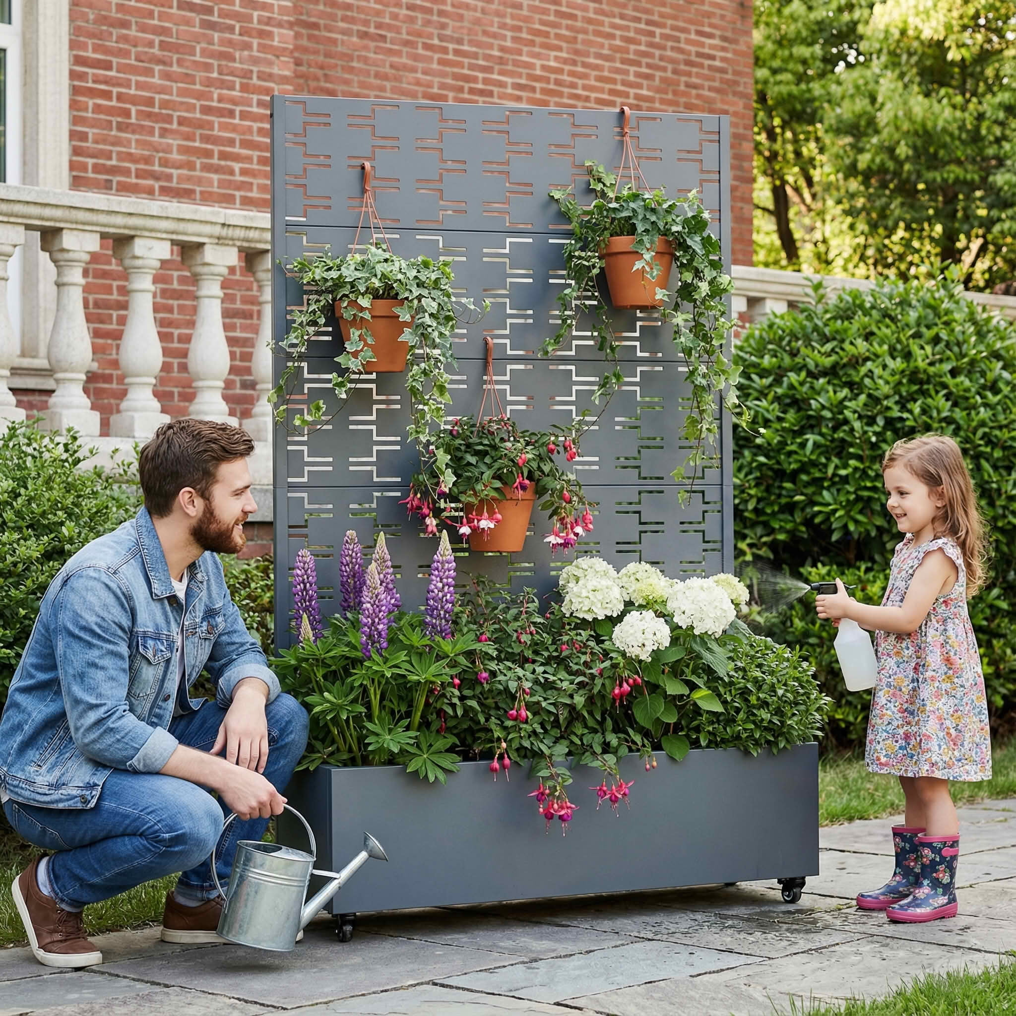 MAYEERTY 72X47" Metal Outdoor Cambrian Gray Privacy Screen with Planter Box for Backyard & Garden, 5 Piece Set