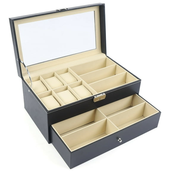 15/24 Slots Watch Display Box Jewelry Storage Case W/Lock Sunglasses Organizer Watch Box