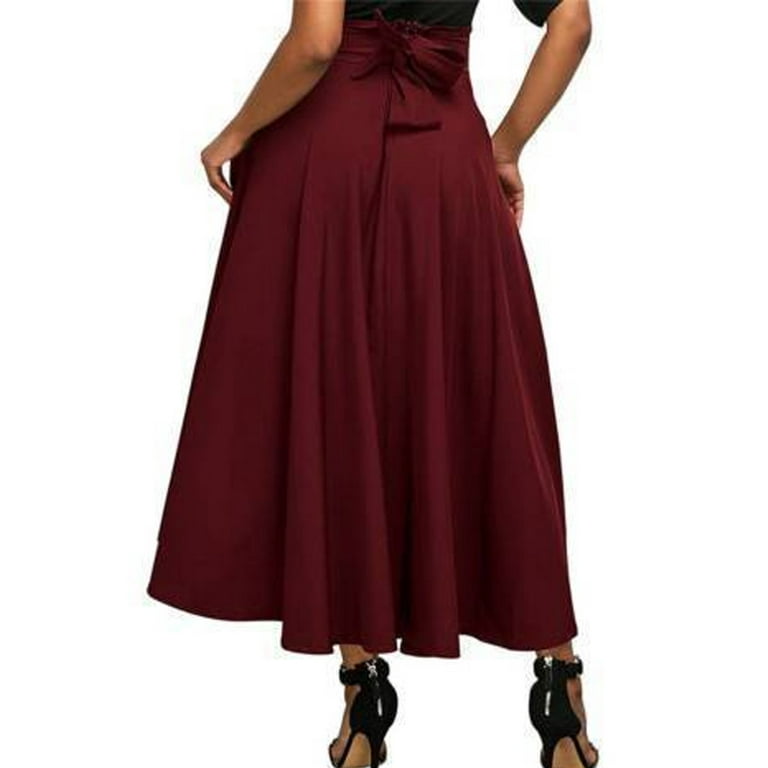 Pudcoco High Waist Pleated Long Skirts Women Flared Full Skirt Swing Satin  Dress 