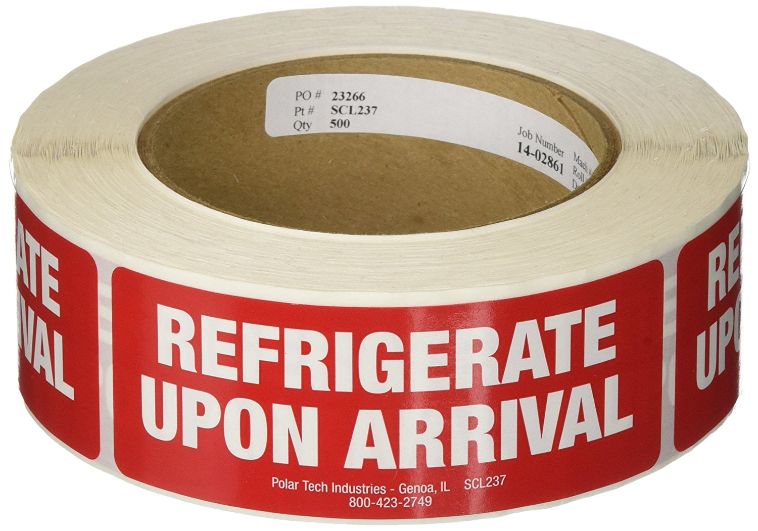 Roll of 500 4 Length x 1-1/2 Width White on Red Polar Tech SCL237 Pressure Sensitive Permanent Adhesive Label REFRIGERATE UPON ARRIVAL 