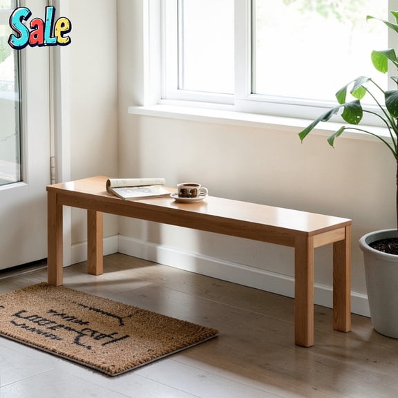 GZXS 39.4" Solid Oak Wood Dining Bench with Metal Reinforcement - Natural Finish, Rectangular Design, for Kitchen/Entryway/Bedroom, Easy Assembly