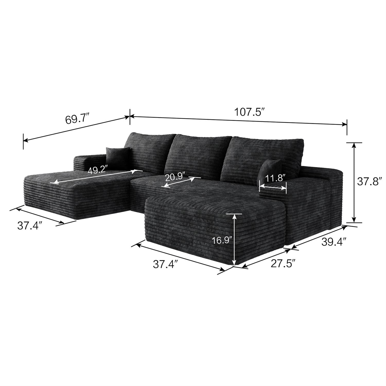 Demi Bonn 107" Cozy Cloud Sectional Sofa Set with Ottoman, Modern U-Shaped Deep Seat Corner Couch, Upholstery Sofa for Living Room Comfort, No Assembly, Black